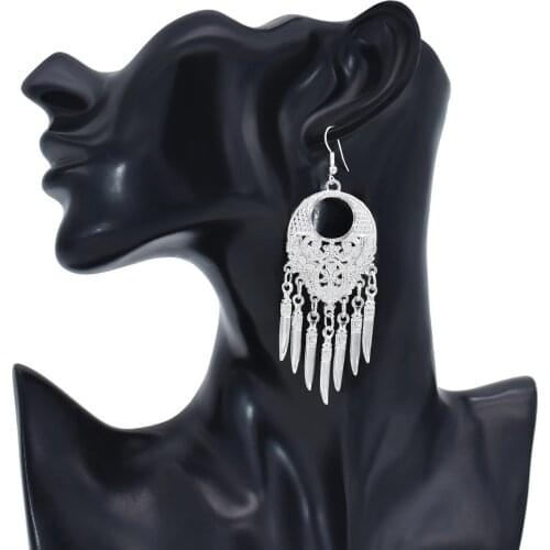 Bohemian Fashion Leaf Tassel Silver Metal Carved Earrings Minority Ethnic Style Dance Party Gift Earrings Jewelry Accessories