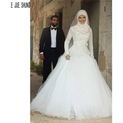 E JUE SHUNG New Arrival Muslim Wedding Dresses High Neck Long Sleeves Luxury Lace Appliques Bow Bridal Gowns vestido de noiva