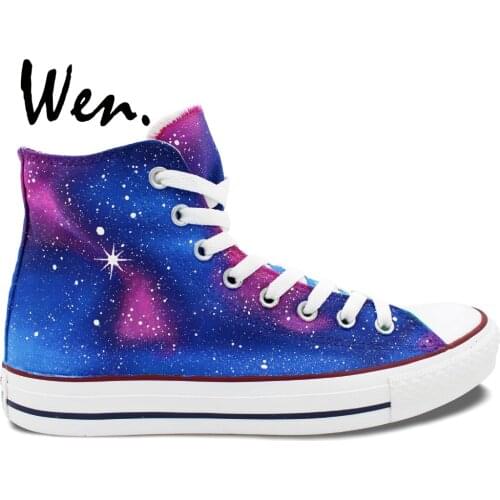 Wen Men Womens Hand Painted Sneakers Original Design Custom Purple Blue Galaxy High Top Canvas Sneakers for Gifts