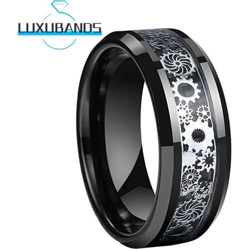 Tungsten Carbide Rings For Men Women 8MM Beveled Edges Gear Black Carbon Fiber Inlay Polished Finished Comfort Fit