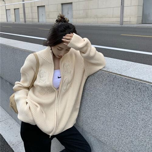 Korobov Korean Streetwear Stand Collar Long Sleeve Cardigans Vintage Embroidery Harajuku Zipper Cardigan Streetwear Sweaters