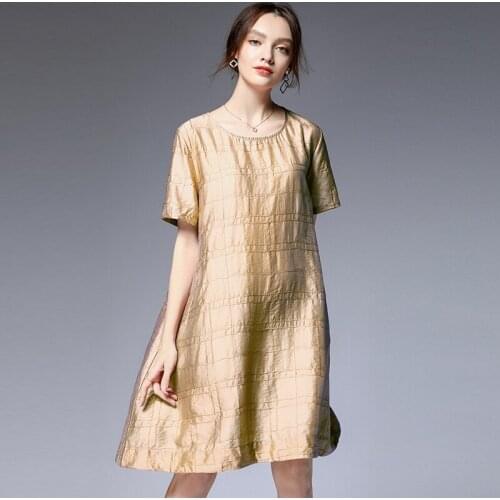 Summer 2019 plus-size womens dresses loose slimming A-line tencel Elegant dress big size short sleeve crew neck short dress new