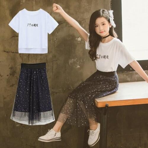 Summer Childrens Cotton T-shirt Star Yarn Skirt 2-piece Clothes Set For Girls Cute Kids Solid Short Sleeve Skirts Suit Clothing