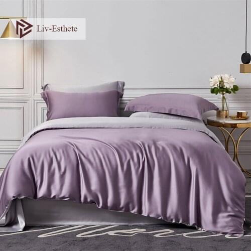 Liv-Esthete 100% Silk Purple Gray Bedding Set 25 Momme Queen King Duvet Cover Bed Sheet Fitted Sheet Pillowcace For Women Beauty
