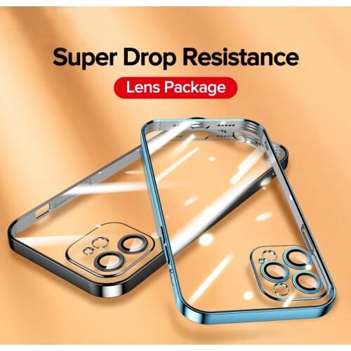 LOVECOM Luxury Square Clear Plating Case For iPhone 11 12 Pro Max X XR XS Max 7 8 Plus Full Lens Cover Shockproof Soft TPU Cover