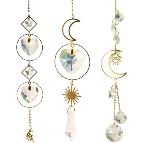 Love Star Moon Metal Ring Crystal Prisms Hanging Rainbow Chaser Lighting for Window Curtains Pendant Home Gifts