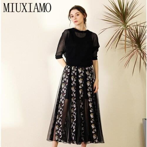 MIUXIMAO Best Quality 2020 Office Lady SpringTwinset Elegant Half Sleeve Black Top+Flower Print Dress Luxury Suits Women Vestido