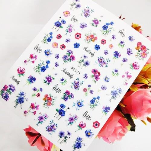 Love Flowers Nail Sticker Art Slider Foil Design Blue Purple Red Floret Nails Decoraciones Self Adhesive Manicure Accesorios