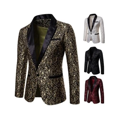 2020 Latest Fashion Gold Jacquard Mens Blazers Floral Suit Jacket for Men Formal Plus Size Slim Fit Graduation Party Prom Tops