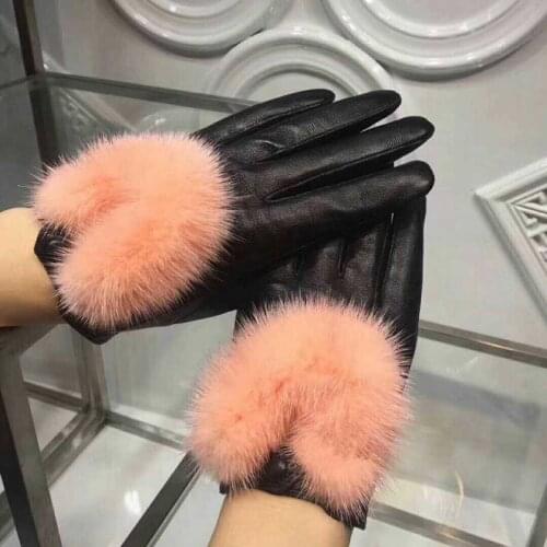 New Small Fragrant Wind Water Mink Wool Sheepskin Gloves Color Collocation and Velvet Glove