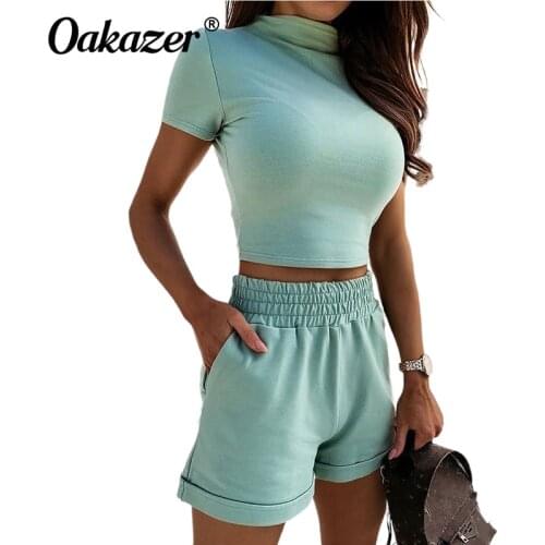 Oakazer 2 Piece Set Summer Tracksuit Women Print Crop Tops and Loose Shorts Sportwear Pockets Female Jogging Yoga Shorts Suits