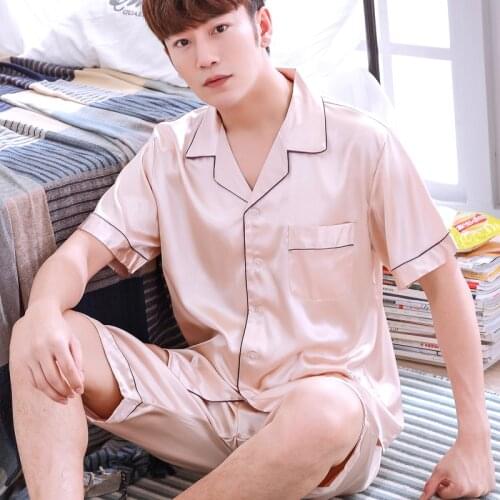 Pajamas Men Summer Ice Silk Nightgown Youth Short Sleeve Thin Sleepwear Korean Large Size Home Suit Male Leisure Nightwear H5604
