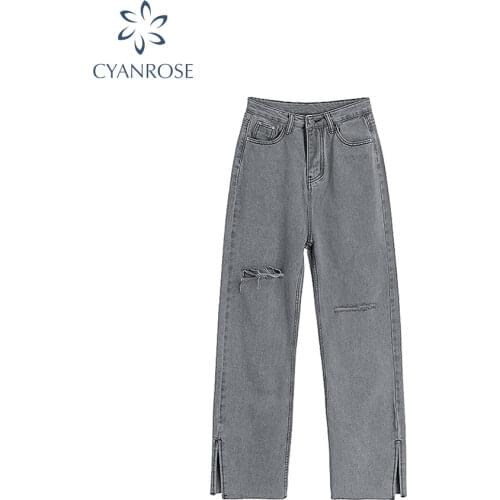 High Waist Grey Ripped Jeans Women Streetwear Baggy Harajuku Wide Leg Jeans Female Trousers 2021 Vintage Straight Long Pants