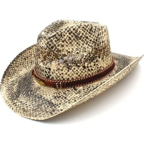 Women Men Straw Western Cowboy Hat Handmade Weave Beach Sombrero Hombre Cowgirl Jazz Caps Punk Leaves Ribbon Size 56-58CM