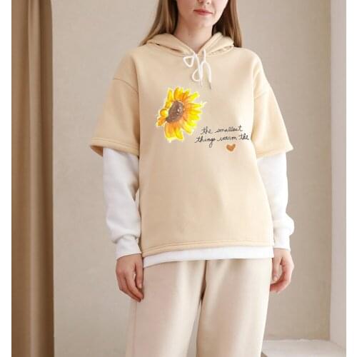 Sunflower Hoodie Oversized Sweatshirt Harajuku Graphic Cartoon Hoody Women Patchwork Thermal Color Block Female Full Sleeve Tops