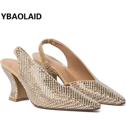 Pure Color Pumps High Heels Womens Summer 2021 Square Toe Leather Sequined Upper Elastic Band Thick Heel All-match Sandals