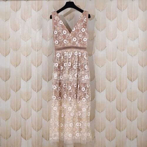 Women Sequin Embroidered Maxi Dresses Hollow out Mesh Deep V Backless High Waist Lace-up Sleeveless Dress for Party