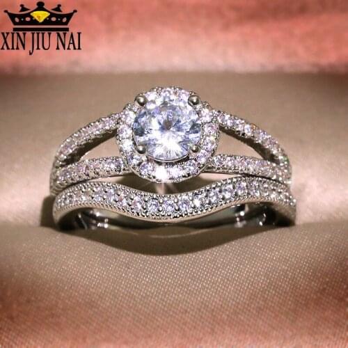 Womens High Quality 4 Prong Round Diamond Two Set Wedding Silver 925 Micro Set with Zircon Jewelry Engagement Couple Love Rings
