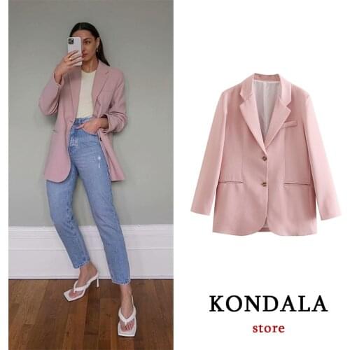 KONDALA Za Chic Pink Women Blazer Office Lady Fashion 2021 Long Jacket Women Long Sleeve Oversized Elegant Outwear Mujer Vintage