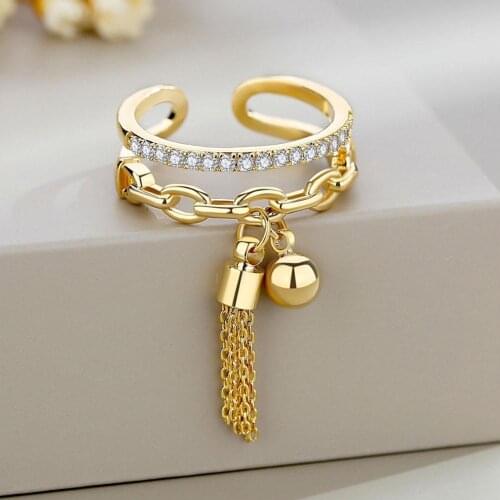 Punk Link Chain Tassel Ring Zirconia Ball Pendant Gold Color for Women Opening Adjustable Ring Party Jewelry Gift