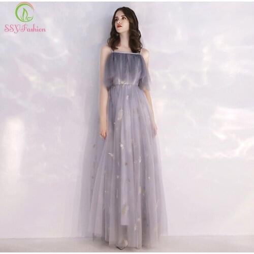 SSYFashion New Grey Evening Dress Banquet Elegant Spaghetti Strap Tulle Floor-length Formal Prom Gown Special Occasion Dresses