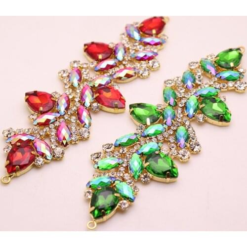 Crystal AB leaf shape colorful rhinestone applique with gold base flatback DIY Party dress rhinestone belt sew on rhinestones