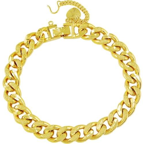 Hot Sale 24k Yellow Gold Color Vintage Classic 9mm Frosted Link Chain Bracelets For Women Men Party Jewelry