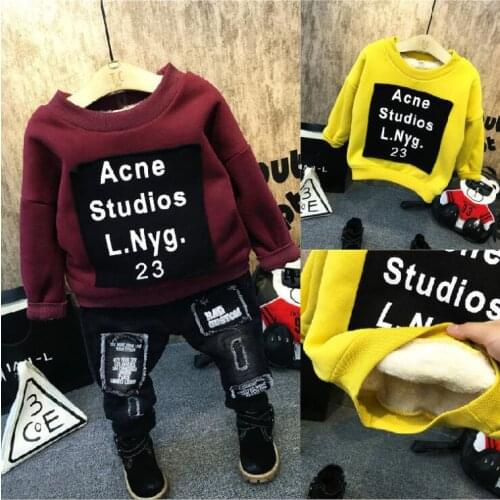 Winter Kids Clothing Sets Thick Fleece Sweater Clothing Sets Baby Boys suit 2pcs Thickening sweater jeans boys Clothes sets