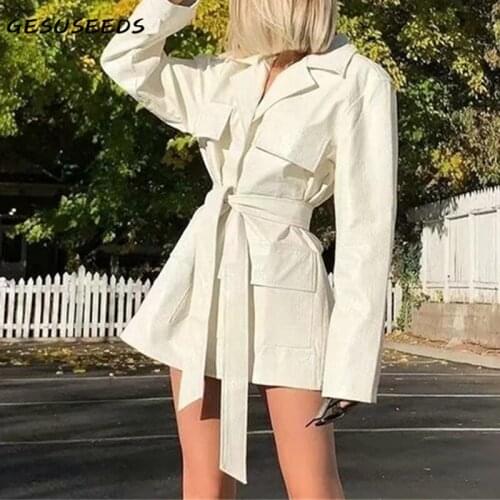 Winter jacket women vintage PU faux leather jacket elegant office ladies coat long sleeve moto jacket black belted coat white