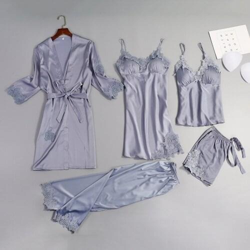 Summer Sexy Pajama Woman Summer Five Suits Imitate Real Silk Sexy Halter Robe Suit With Breast Cushion Ladies Home Dress Халат