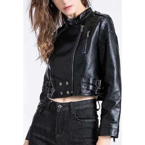 Trendy Spring Autumn Women Short Pu Leather Jacket Streetwear Moto Biker Female Sexy Ladies Slim Black Rivet Zipper Outerwear