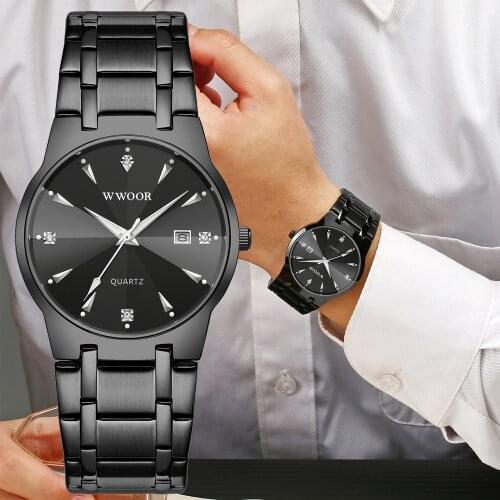 WWOOR 2021 New Stainless Steel Date Watch For Men Top Brand Luxury Black Waterproof Men Wrist Watch Stainless Steel Quartz Clock