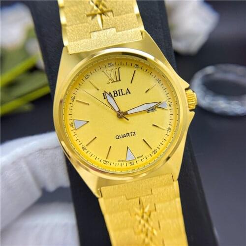 Electroplating 24 K gold men watch calendar iced out gold watches large dial retro carved pattern steel strap wrsitwatches