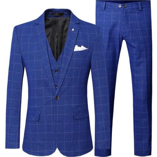 2021 Men Suits Check Fashion Business Office Work Daily Life Formal Casual Suit Slim Fit 3 Pieces Black Blue Purple Big Size