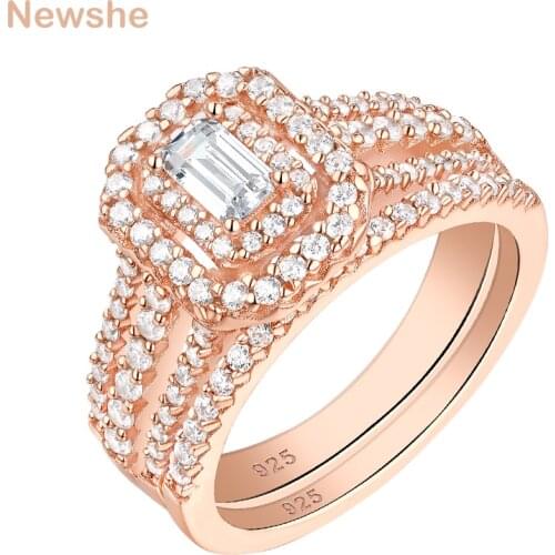 Newshe Rose Gold Color 925 Sterling Silver Wedding Ring Set For Women Rectangle AAA Cubic Zircon Elegant Bridal Set Jewelry