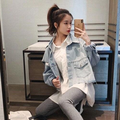2020 Fashion The New Loose Raw Denim Vest + Denim Stitching Shirt Two-piece Free Shipping