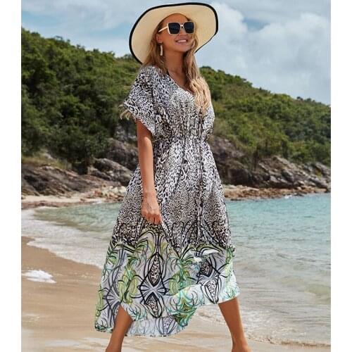 Sexy Bikini Cover-ups Cotton Tunic Boho Printed Summer Beach Dress Elegant Women Plus Size Beach Wear Swim Suit Cover Up Q1139