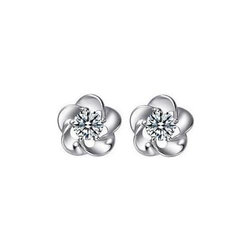 Rhodium Silver Plated Clear Cubic Zirconia Flower Design Stud Earrings Women Jewelry