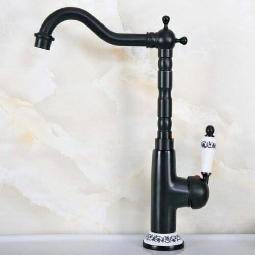 Kitchen Faucets Single Holder Single Hole Kitchen Sink Faucet Swivel Spout Ceramic Handle Black Brass Mixer Water Taps Knf651