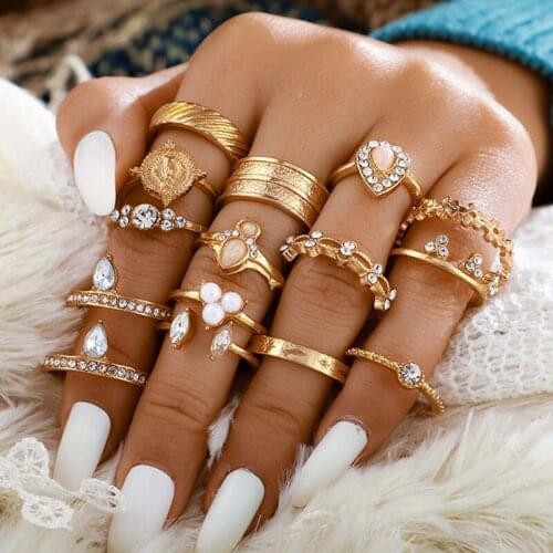 15pcs Vintage Boho Finger Jewelry Ring Sets Hollow Stacking Finger Rings Vintage Silver Color Star Geometric Female Finger Rings
