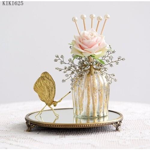 Vintage European Brass Mirror Round Tray Dressing Table Cosmetics Jewelry Storage Tray Household Metal Mirror Tray Home Decor