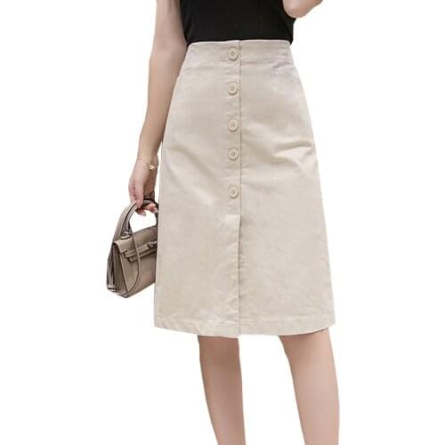 Shintimes Faldas Mujer Moda 2020 Summer Knee Length Pencil Skirts Women Button High Waist Black White Split Vintage School Skirt