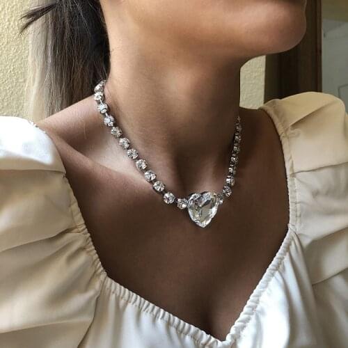 Exknl 2020 Big Heart Love Pendant Rhinestone Necklace for Women Wedding Fashion Chain Crystal Choker Gothic Necklace Jewelry