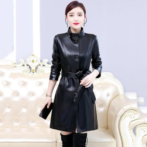 2020 Spring Autumn Real Leather Coat womens Plus Size Stand collar Long Parker Women Windbreaker Jacket Female Belt jacket 7XL