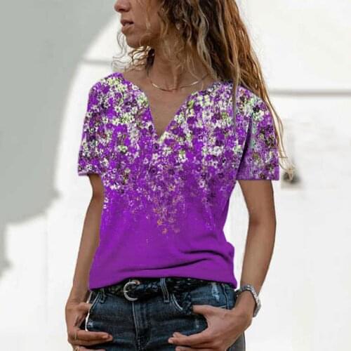 Flowers Prints V-Neck Womens Tee Shirt Button Top Woman Summer Top Tee Casual Loose Tee Short-Sleeve Shirts Camiseta Mujer