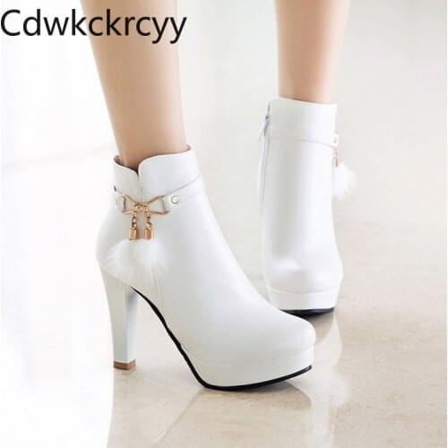 Winter The New fashion Round head Thick heel 11CM Martin boots white sweet Bow Plus velvet Keep warm High heel Women boots 34-43