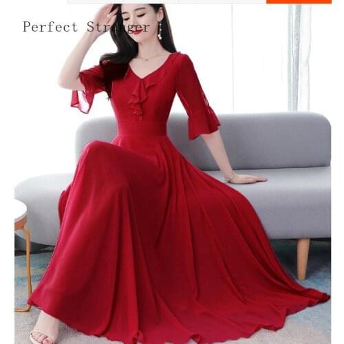 2021 Summer New Arrival S-4XL Hot Sale V Collar Ruffles Flare Sleeve Solid Color Women Chiffon Long Dress