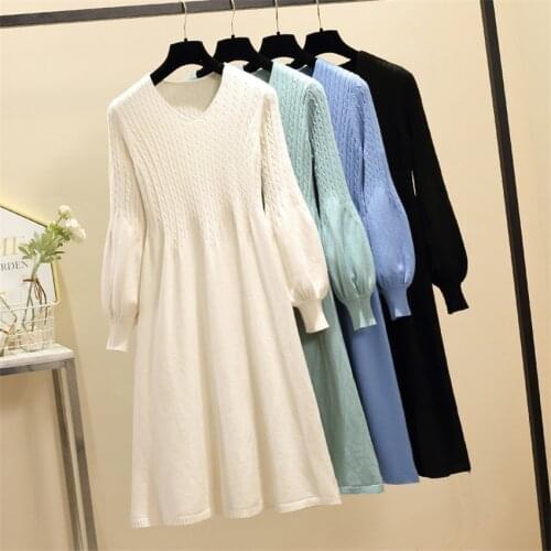 Autumn Women High Waist Knitted Dresses Winter Fashion Big Size Lady V-neck Knitting Dress Loose Dress Vestidos Bottomings 1210