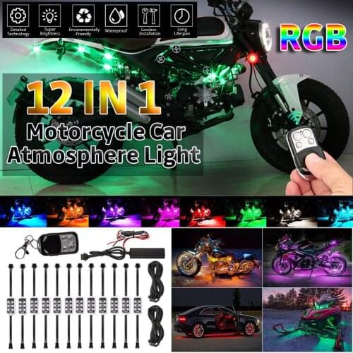 12IN1 RGB 72 LED Smart Brake Lights Motorcycle Car Atmosphere Light with Wireless Remote Control Moto Decorative Strip Lamp Kit