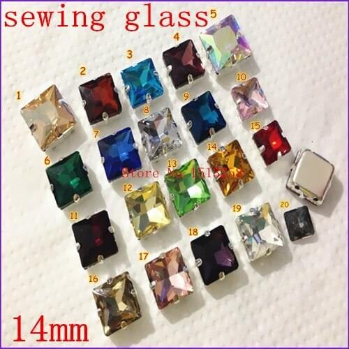 14mm 50Pcs/Lot Sew On Glass Crystal Square Rich Colors Fancy Stone with 4 holes Metal Claw Setting